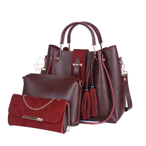 Fancy 3 Pcs Maroon Handbag